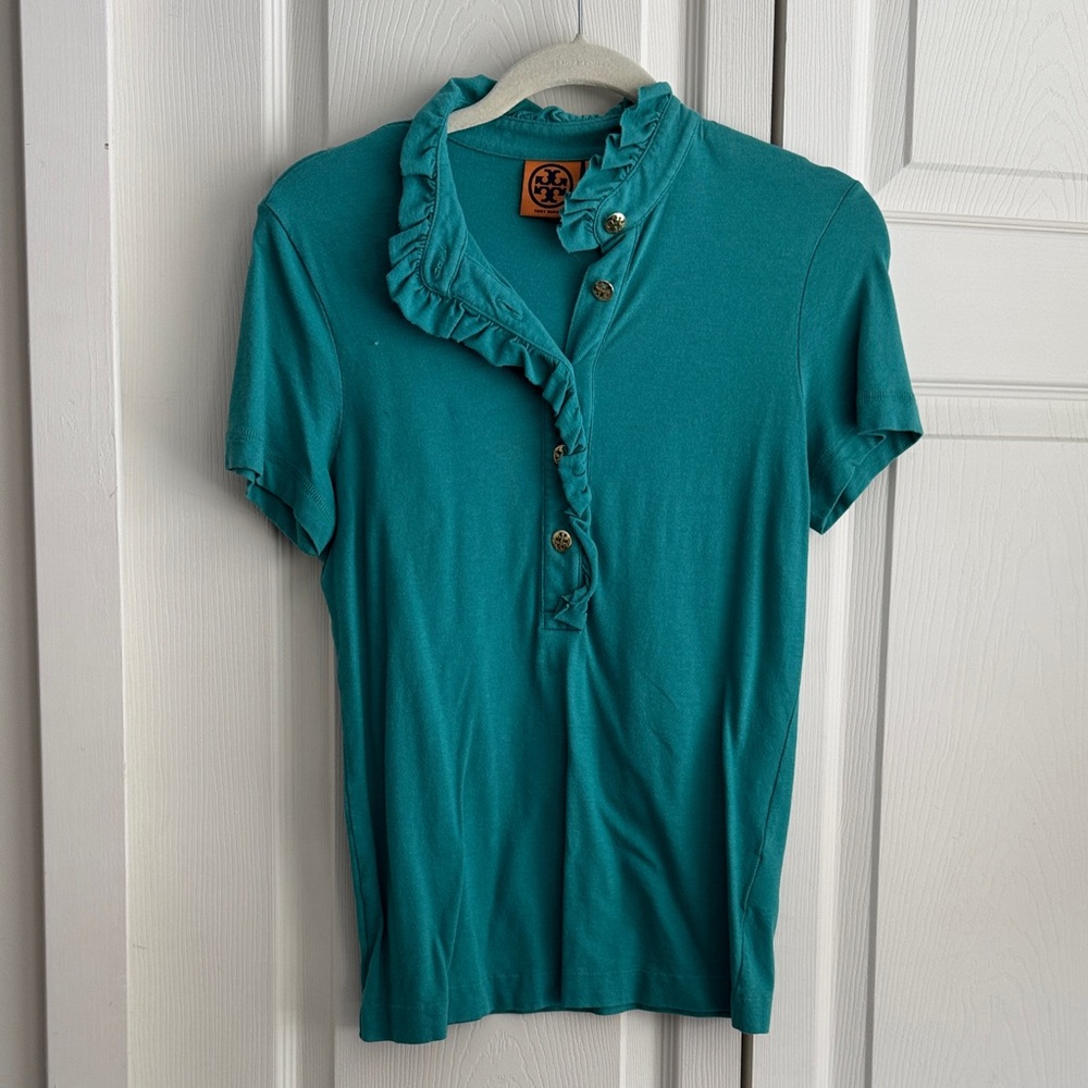 Tory Burch Teal Ruffle Short Sleeve Top